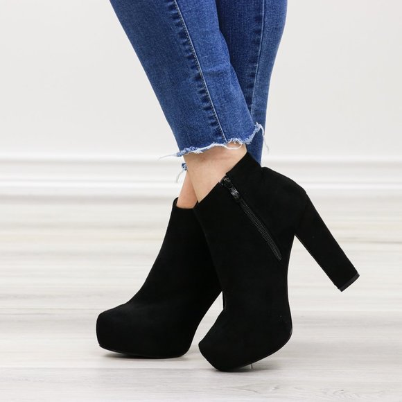 Platform Black Suede Ankle Heeled Booties - Picture 4 of 12